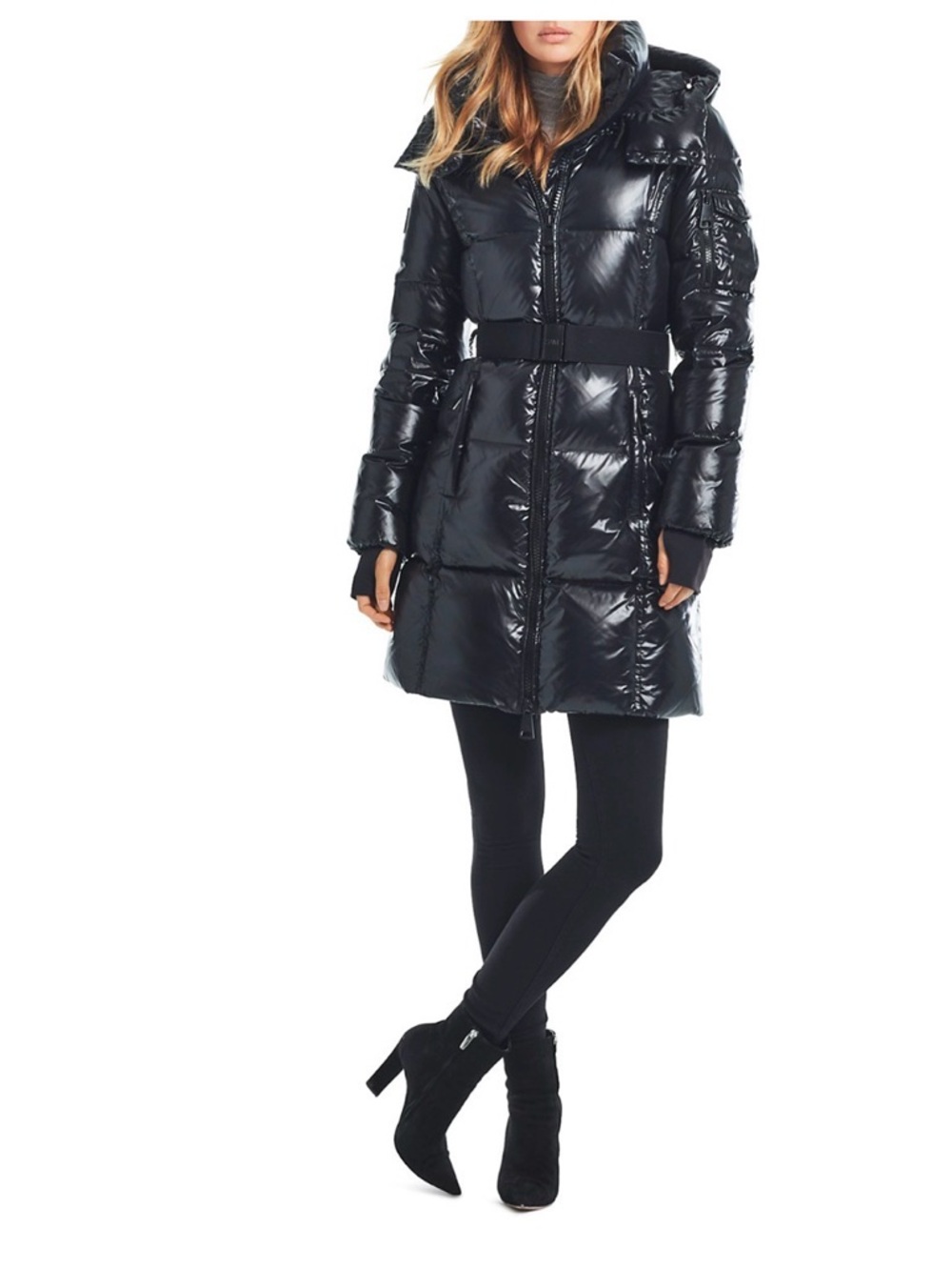 NOHO Shiny Black Quilted Belted Puffer Coat